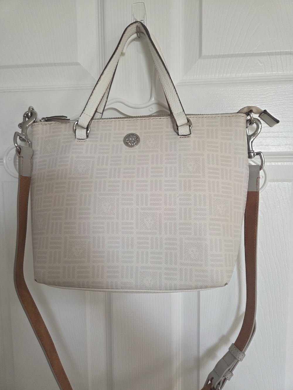 Anne Klein Cream Patterned Satchel with Brown Strap